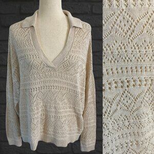LOFT Off White Ivory V-Neck Collared Sweater Size Large Cotton Relaxed Fit